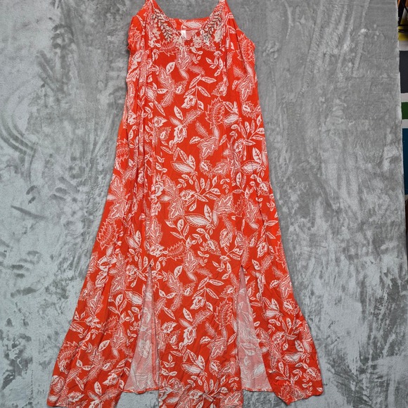 Xhilaration Dresses & Skirts - Xhilaration Orange Floral Beaded V-Neck Maxi Dress Double Slit Womens 1X